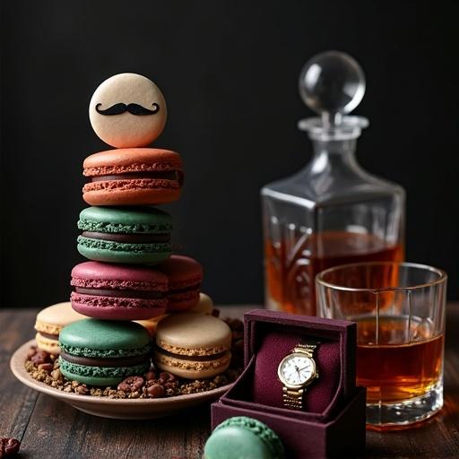 High-resolution image showcasing a macaron tower in dark green and burgundy. Mustache macaron sits on top. Beside it a decanter with amber liquid and two crystal glasses. A classic watch in a velvet box adds to the scene. Low-key lighting creates a cozy atmosphere.