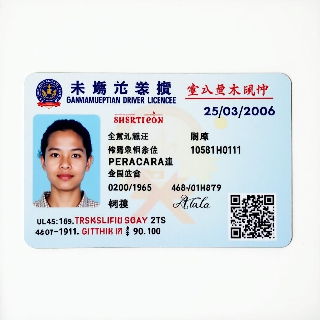 Front side of a driver license. Shows personal information such as name and age. Date of birth is 25/03/2006. Card designed in typical government style with official elements. Identification photo is clear and professional.