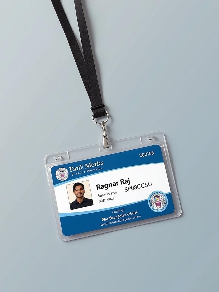 Image of a student ID card with blue and white design. Name displayed is Ragnar Raj. Student ID number SP08CSU055. College name is St. Peters University. Lanyard is attached for carrying.