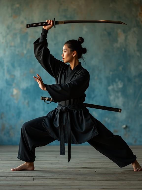 Full body portrait of martial artist in dynamic kung fu stance. Right hand holding katana blade raised above shoulder. Left hand extended forward with palm down and fingertips touching the floor. Body angled to the side with one knee bent low. Wearing black martial arts outfit with a hood. Second sword strapped on back with decorative scabbard. Blue-grey concrete wall background. Warm lighting casting soft shadows. High contrast film style with a textured grain.