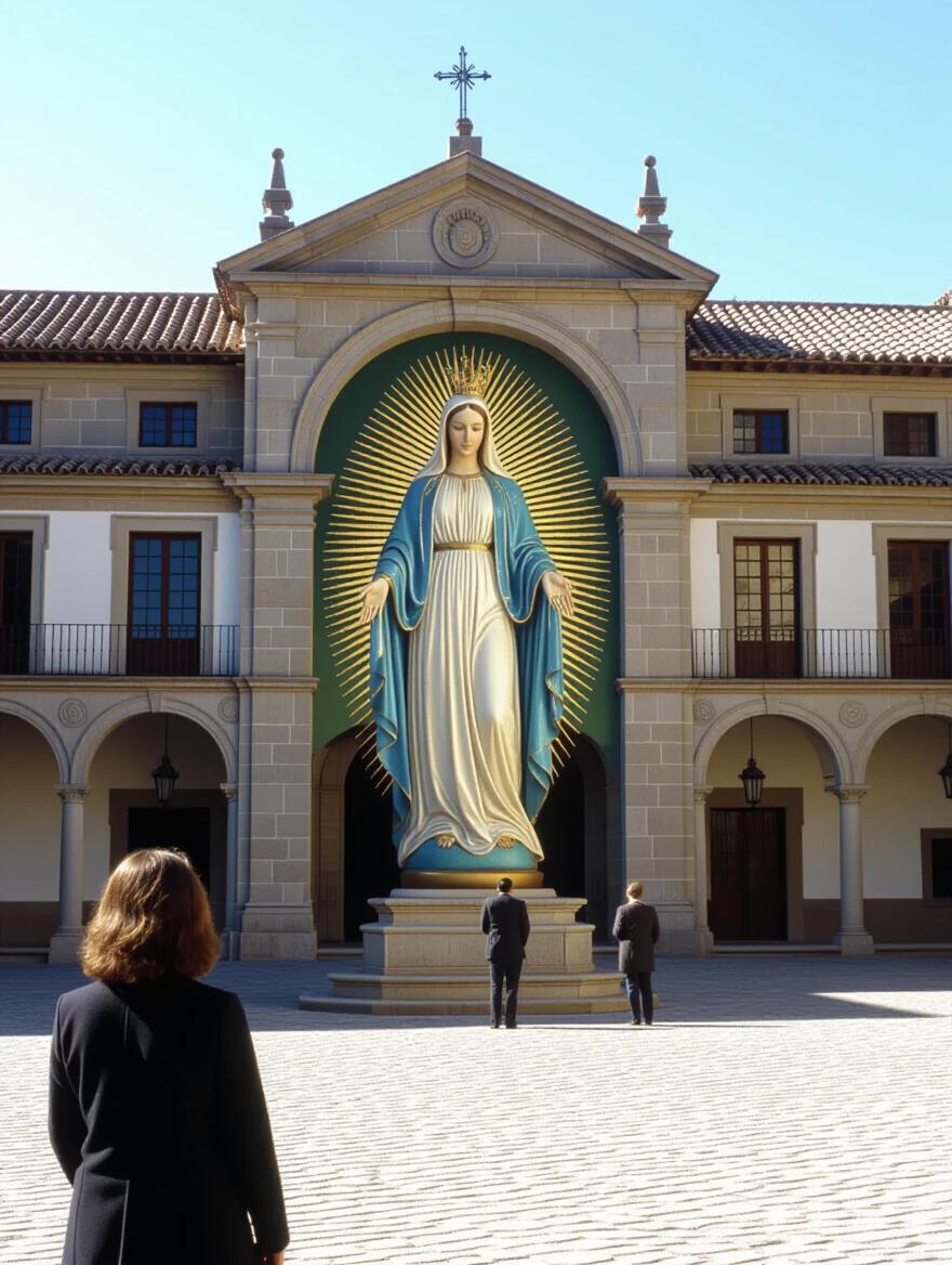 Aparición de la Virgen María en el patio principal del monasterio de El Escorial, una mujer observa la escena sorprendida.