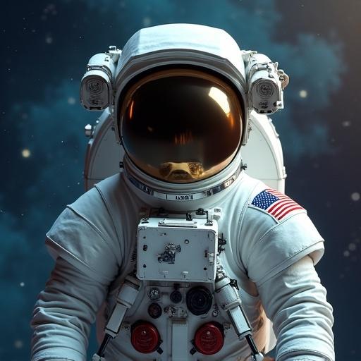 Astronaut in a space suit. Helmet reflects the cosmos. Detail in space suit and equipment. Cosmic background. American flag on the arm.
