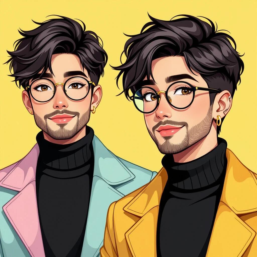 Modern colorful digital avatar of an androgynous person leaning more masculine. Short dark hair styled asymmetrically with a stylish fringe. Neat beard and black round glasses. Wearing a black turtleneck and soft pastel-colored jackets. Background in bright pastel yellow. Clean vibrant semi-cartoonish art style with bold lines and soft shading.