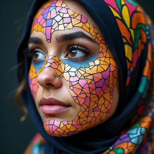 A close-up portrait of a woman wearing a hijab. The hijab is colorful and vibrant, featuring intricate mosaic designs. She is looking to the side. The image highlights the beauty in the scars of her face, symbolizing strength and life's journey. The focus is on her head and shoulders.