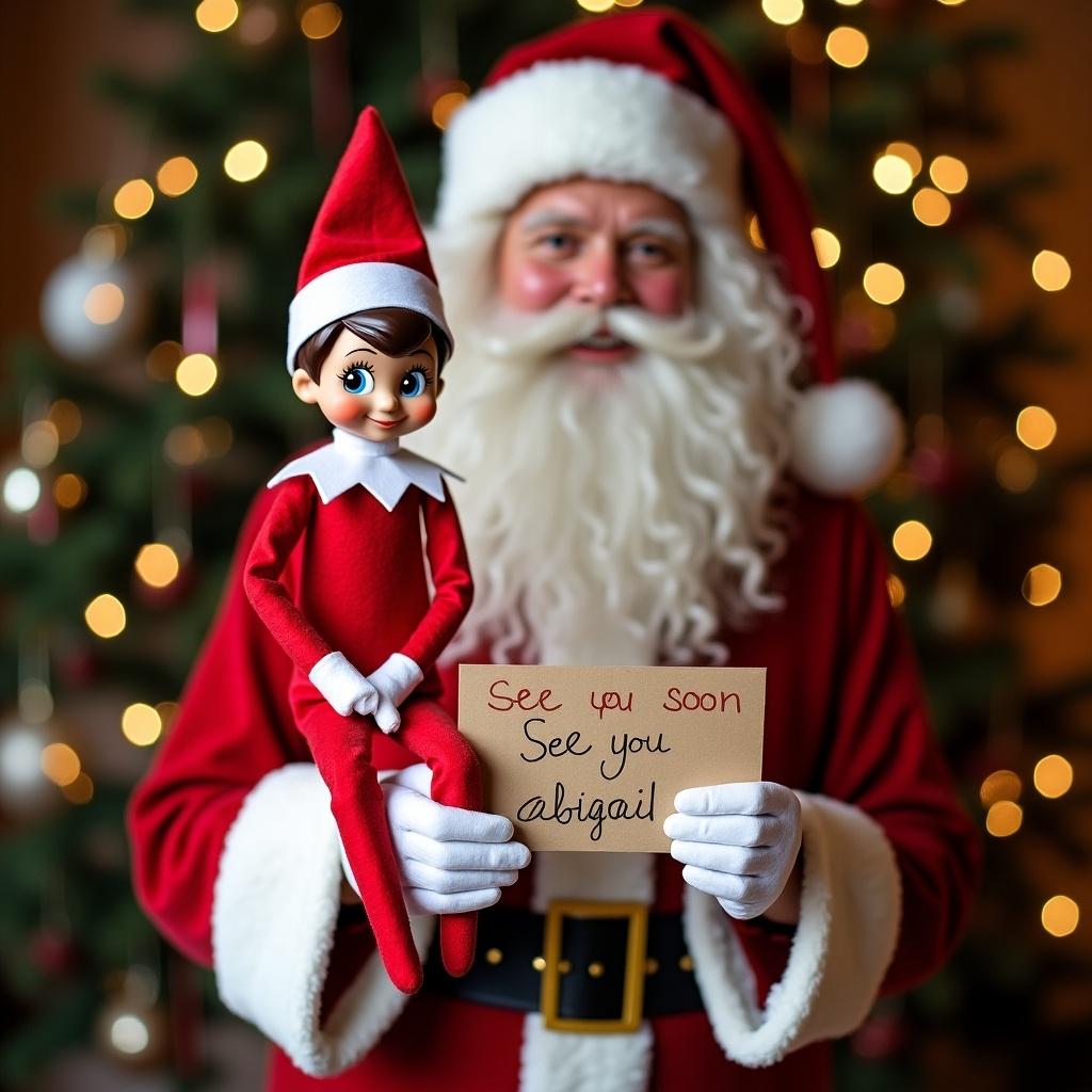 Santa holds an elf on the shelf. The elf wears red. A sign says see you soon abigail. Background features a Christmas tree with lights. Warm holiday atmosphere fills the scene.