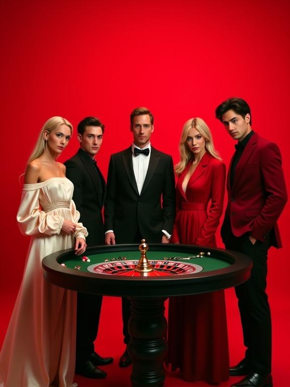 Group of five models in formal wear engaged in stylized photoshoot. Man in black tuxedo at roulette table. Others posing around him. Minimalist studio with solid red background.