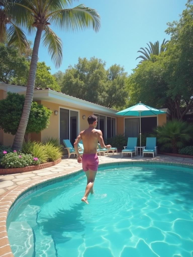 Person running near a swimming pool on a sunny day. The pool has crystal clear water. Surrounded by palm trees and patio furniture. A house in the background. Bright and vibrant atmosphere.