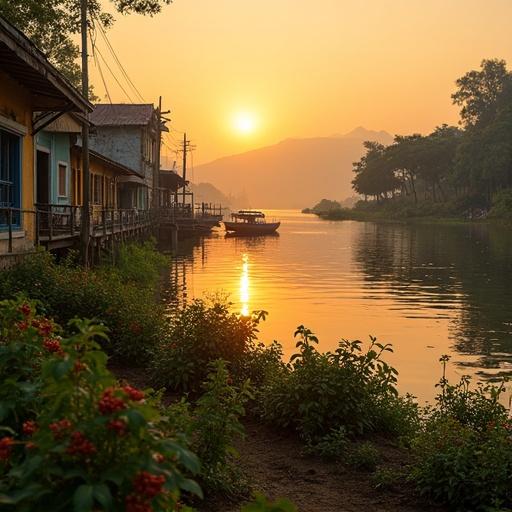 Dreamy riverside scene in Kampot Cambodia at sunset over Praek Tuek Chhu River. Colonial French-style shophouses with faded pastel colors line the waterfront. Traditional Khmer fishing boats on the water. Misty Bokor Mountain in the background. Fireflies near the mangroves. Local pepper farm in the foreground with red and green peppercorns. Cinematic travel magazine style with warm tones and soft natural light.