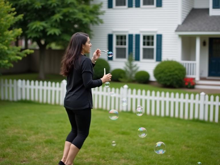 Photo shows woman blowing bubbles in grassy backyard. Woman has long dark hair. Wearing black long sleeve shirt and leggings. Black flats on feet. Large iridescent bubble appears in foreground. Other bubbles float in background. White picket fence behind. White house with porch and blue shutters. Green trees and bushes surround. Overcast sky above. Scene conveys playful and whimsical atmosphere.