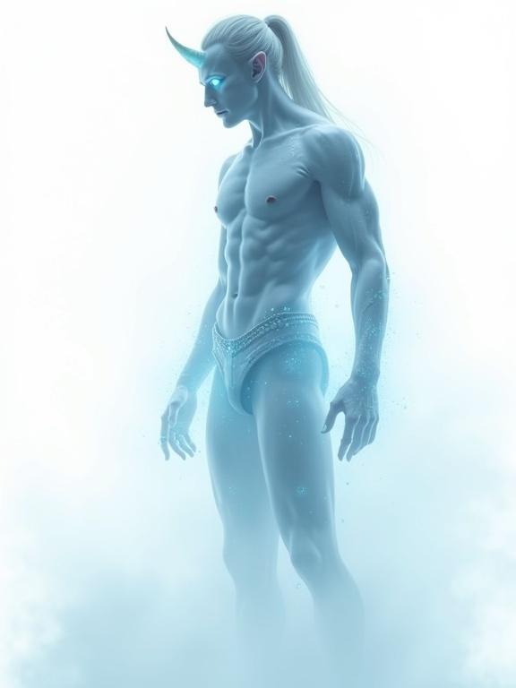 Full body view of a male tiefling ghost figure. Ectoplasmic body shows smooth glassy surface. Glowing blue light emanates from within. Form is semi-transparent like the horns. Long glowing hair in a high ponytail. Soft glowing eyes. Legs fade into mist. Wearing spectral chainmail shorts with glass texture. Blends into the background. Ghostly and intangible. Surrounded by soft fog and glowing particles. Low contrast shadows present. Painted in a cold, icy, dreamlike style. Vapor-like silhouette visible against a white background.