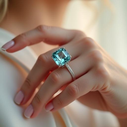 Photorealistic image of a female hand with a French manicure wearing an emerald-cut aquamarine ring in 18k white gold. The hand is at a 45-degree angle showing the teal-blue aquamarine stone clearly. Soft studio lighting enhances the reflections, with a blurred ivory and champagne gradient background. The look is luxurious and editorial-like.