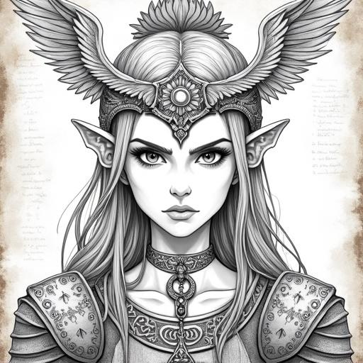 Detailed sketch showcasing a Norse warrior princess with an elaborate winged headdress. Intense gaze with decorative armor elements. Prominent pendant hangs from her collar. Background mimics ancient scroll with faded inscriptions. Intricate line work with textures that suggest depth and shading.