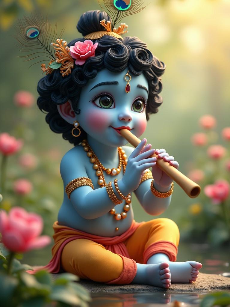 Create a hyper-realistic image of Krishna playing flute. Krishna has blue-grey skin and short black curly hair in a top knot. Decorated with peacock feathers. He is wearing orange pants and golden anklets. Beautiful spring garden in the background. Soft radiance reflects beauty.