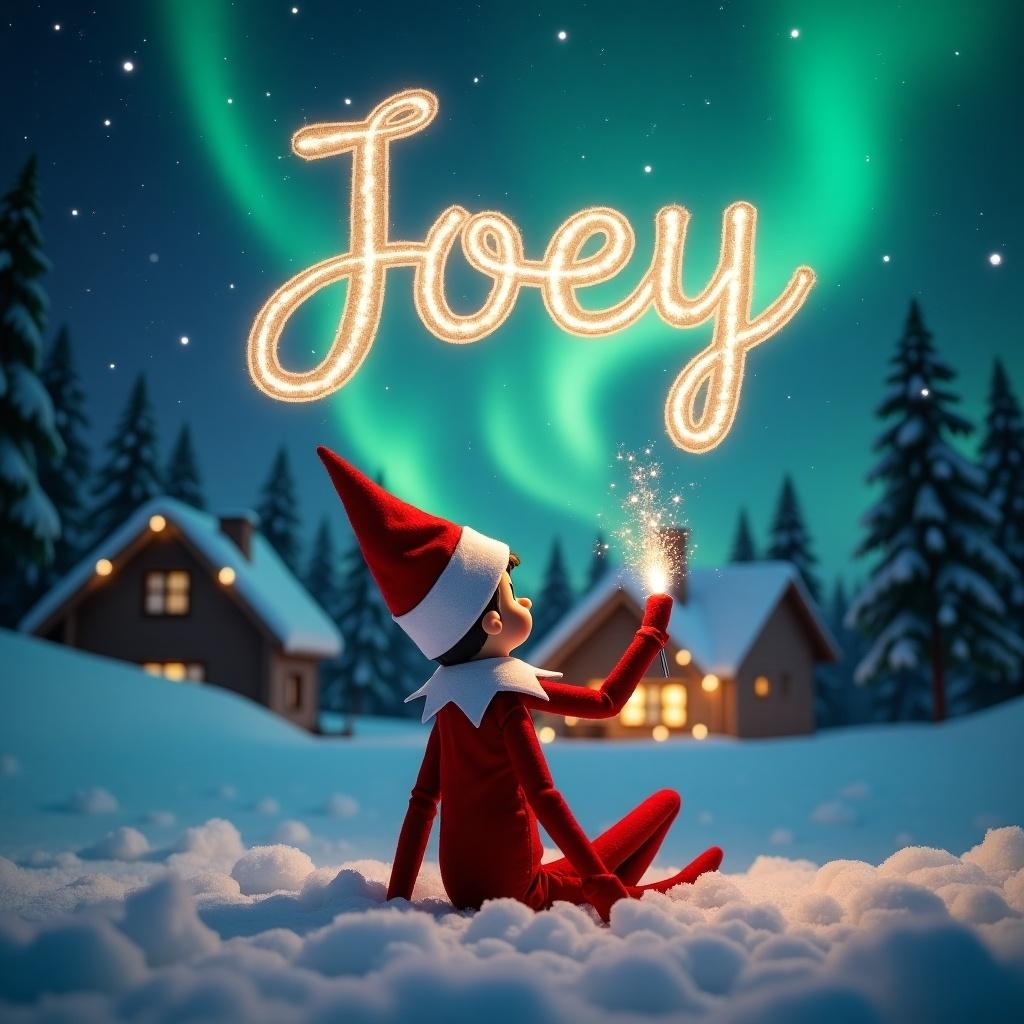 An elf on the shelf is seated on a snowy ground, with his back facing the viewer as he gazes upward. He holds a shimmering magic wand, enchanting the night sky. Above him, the name 'Joey' is written in elegant, sparkling letters amidst a backdrop of vibrant northern lights. The scene is magical, embodying the essence of Christmas, with soft snow covering the landscape and a cozy cabin visible in the background. The entire atmosphere radiates warmth and festive spirit that captures the joy of the holiday season.