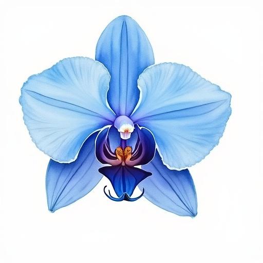 Colorful watercolor drawing of a blue orchid on a transparent background.
