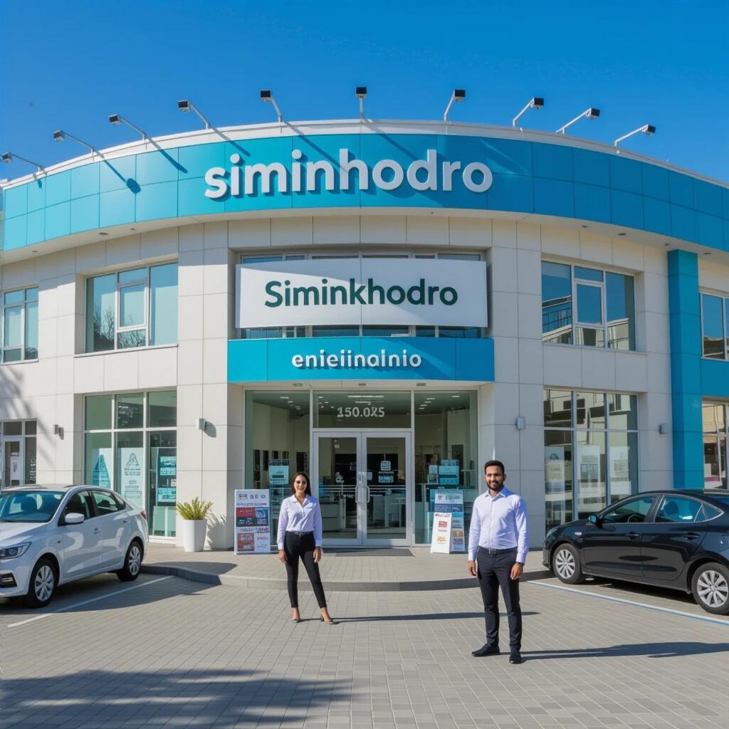 Call is about car dealership Siminkhodro. The image shows dealership with blue and white theme. Two employees stand outside the entrance. Cars parked in front. Bright day.