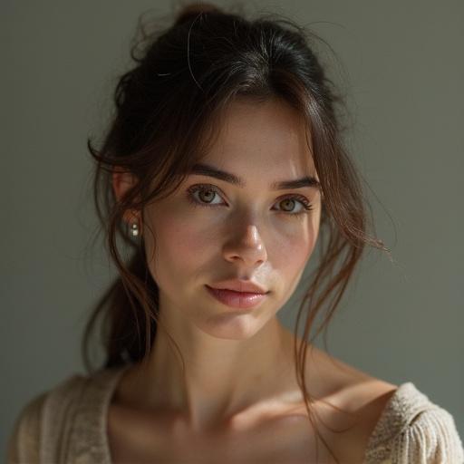 Portrait of a realistic woman with natural light. The focus is on her neck and shoulders. Soft and warm color palette. The image has an intimate atmosphere.