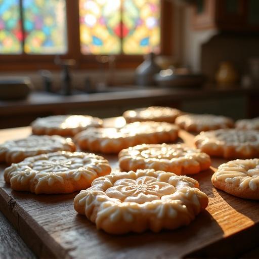 Frosted cookies displayed in a rustic kitchen. Stained glass window in the background. Soft golden light enhances the scene. Cookies have intricate designs and patterns.