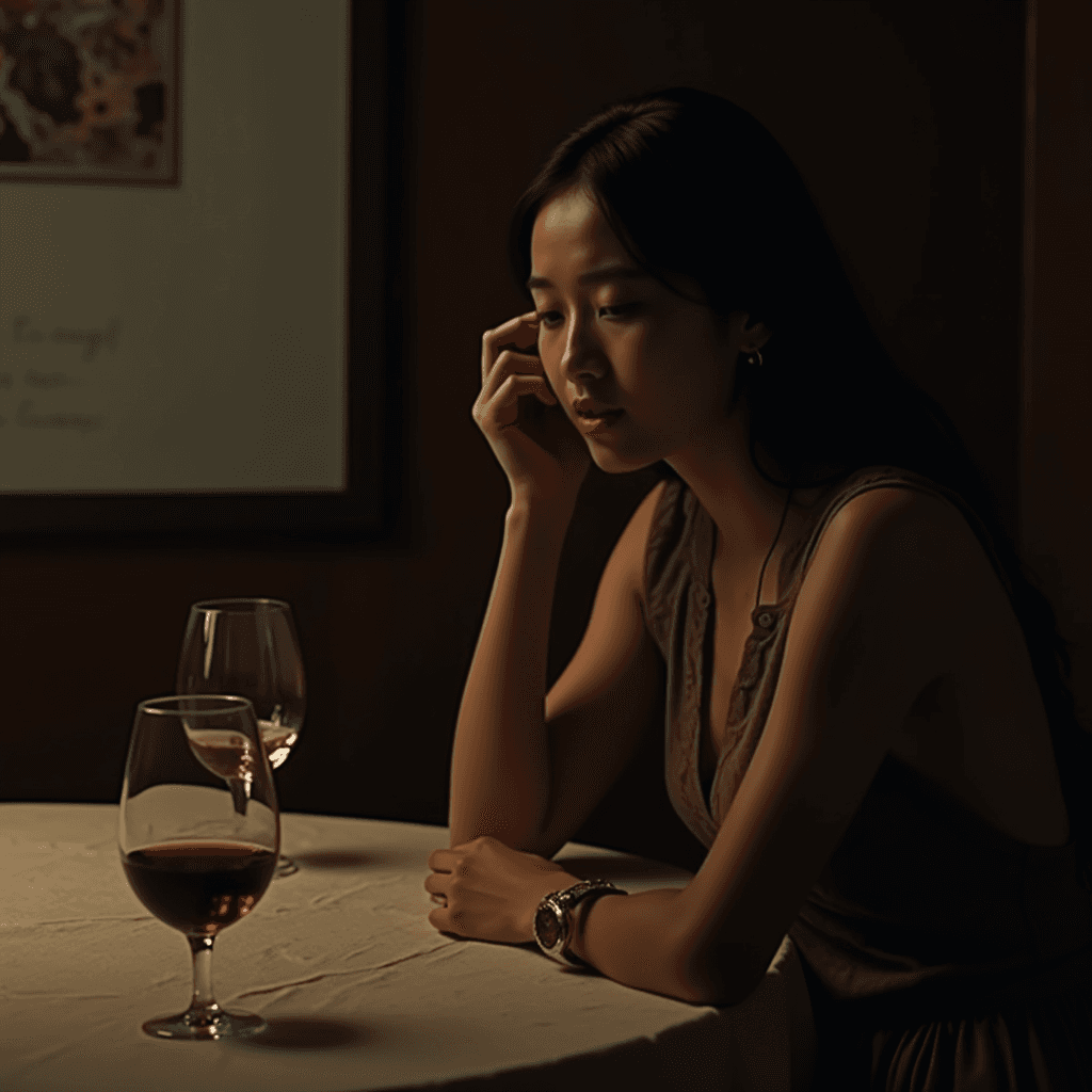 A woman sitting alone with two glasses of wine on a table, immersed in thought.