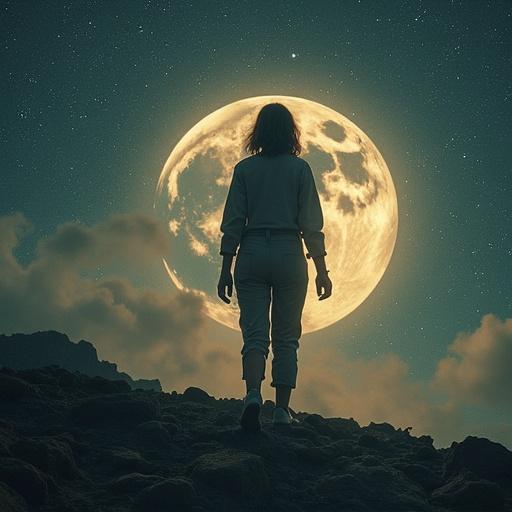 A woman stands on rocky terrain looks at a large moon amidst a starry sky