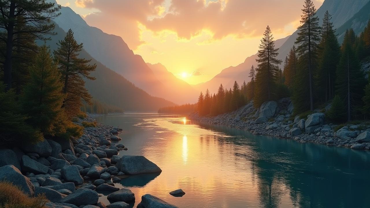 A serene landscape at sunset with a river flowing through a valley flanked by pine trees and mountains, capturing the sun setting behind the peaks and casting a golden glow over the scene, reflecting in the water.