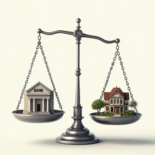 Digital illustration of an unbalanced scale with chains. Left pan has a modern bank building with 'BANK' logo. Right pan has a large Victorian-style home with detailed architecture. Clean, modern style with metallic textures against a minimalist background.