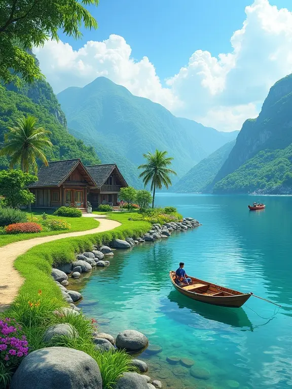 A peaceful landscape with calm water reflecting the scenery. Lush green shoreline with flowers. Winding dirt path leads to the water. Two wooden houses by the shore. A small boat on the rocky shore. Majestic mountains in the background and a bright blue sky with white clouds.