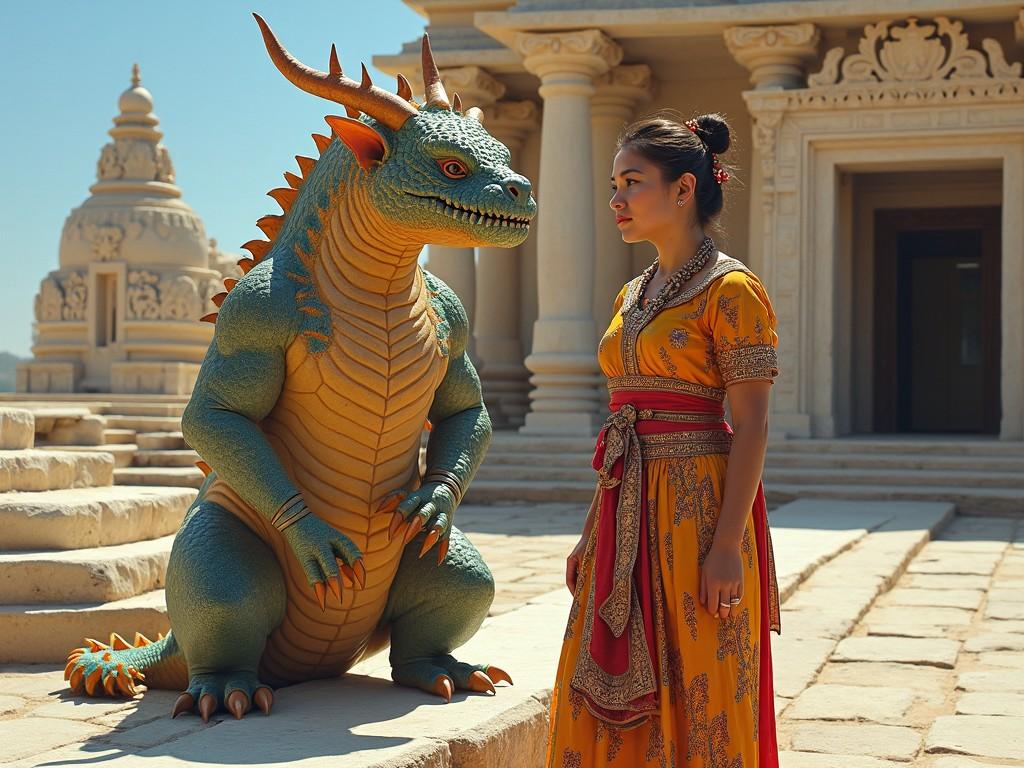 In this vibrant scene, a mythical creature resembling a dragon interacts with a traditionally dressed woman. They stand against a backdrop of ancient architecture that showcases intricate designs and sculptures. The woman wears a colorful, flowing outfit that reflects her cultural heritage. The dragon's scales shimmer under the bright sunlight, highlighting its unique features. This image captures a moment of curiosity between the two characters, bringing together fantasy and tradition in a stunning setting.