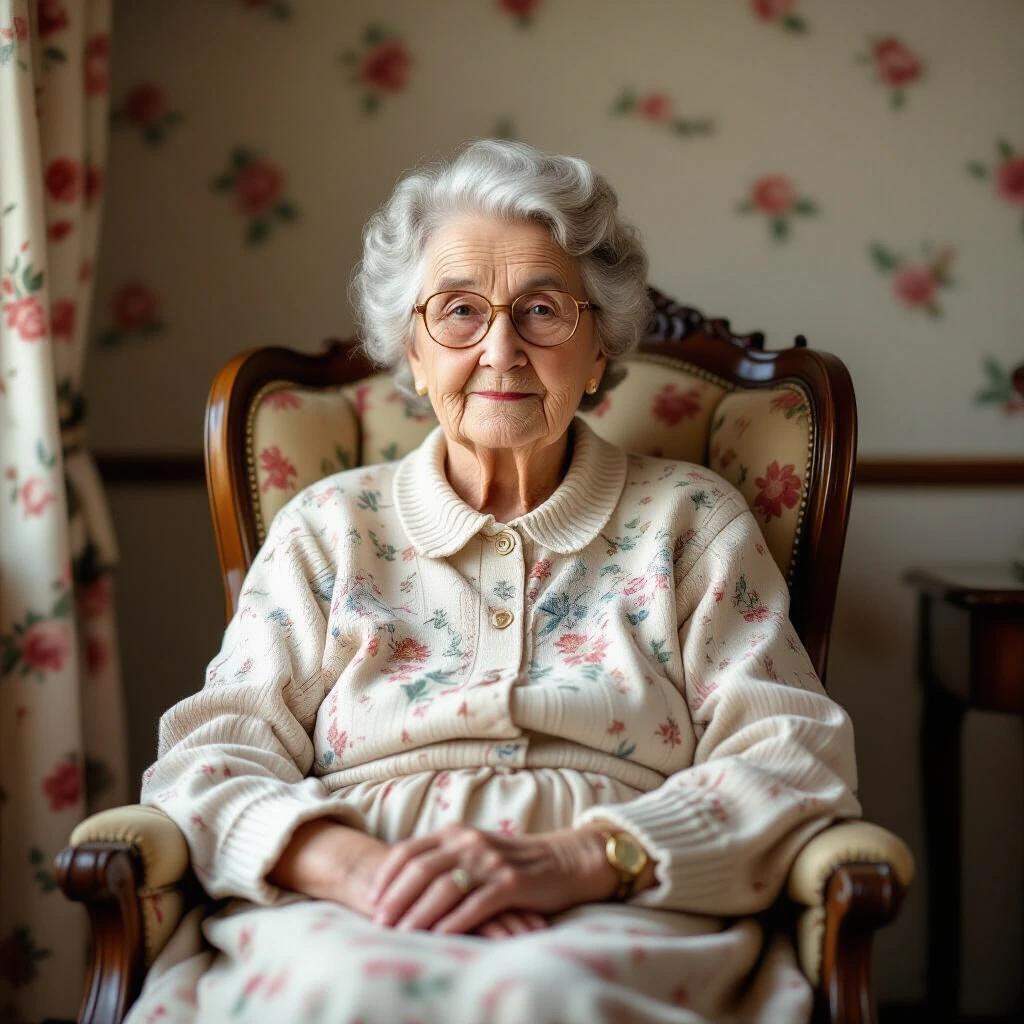 Vintage photograph of an elderly woman sitting on a chair in a floral patterned room. She wears a knitted sweater with pastel colors. Hair is styled in soft curls. The background features soft floral wallpaper and curtains. The image has a warm, nostalgic ambiance.