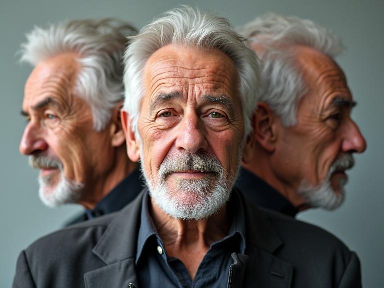 A portly elderly man's head depicted from multiple angles. The man has stubble and gray hair, showing expression and character. The background is neutral.