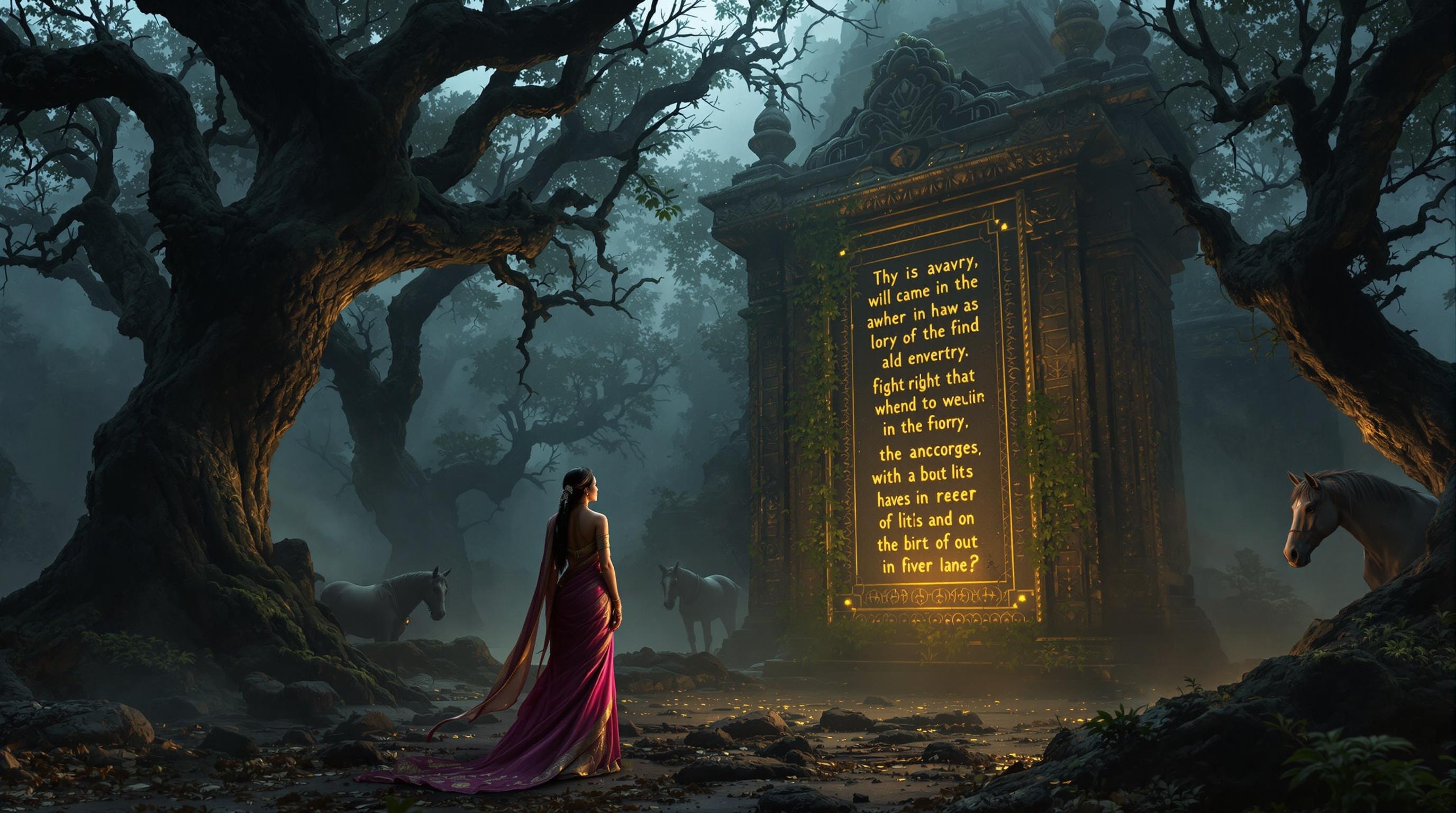 A clear ultra HD image of a queen in a pink and gold saree before an ancient stone tablet in a misty forest. She appears wise and triumphant, observing a glowing inscription. Dim light highlights the temple. Horses are nearby, creating a hopeful atmosphere.