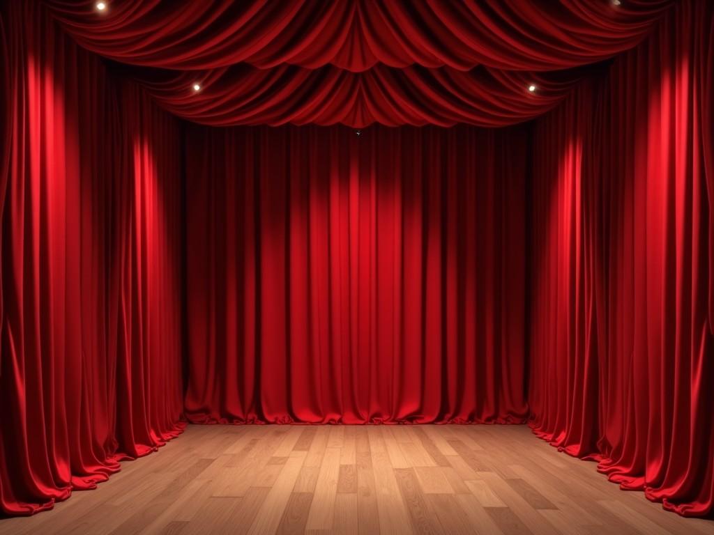 This image depicts a theatrical stage with rich, deep red curtains that create a dramatic atmosphere. The curtains are elegantly draped, framing the space in a traditional theater style. A smooth wooden floor is visible, emphasizing the stage's readiness for performance. Soft lighting underscores the center of the stage, inviting anticipation for a show. Overall, this setting conveys a sense of elegance and creativity, perfect for a variety of artistic presentations.