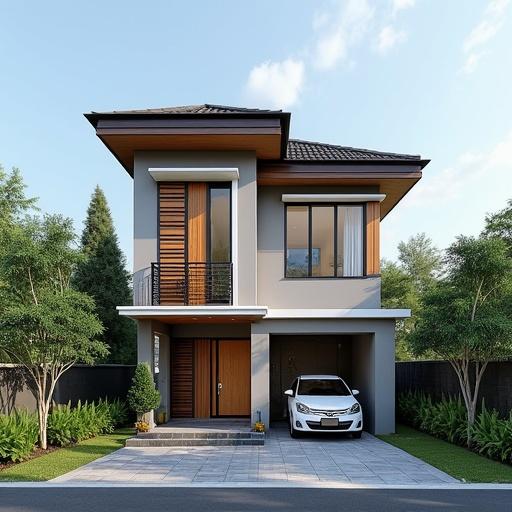 image of a two-story residential house in Indonesia with a tiled roof. The structure includes a front yard, car garage, and landscaping. Designed for architectural service visualization.