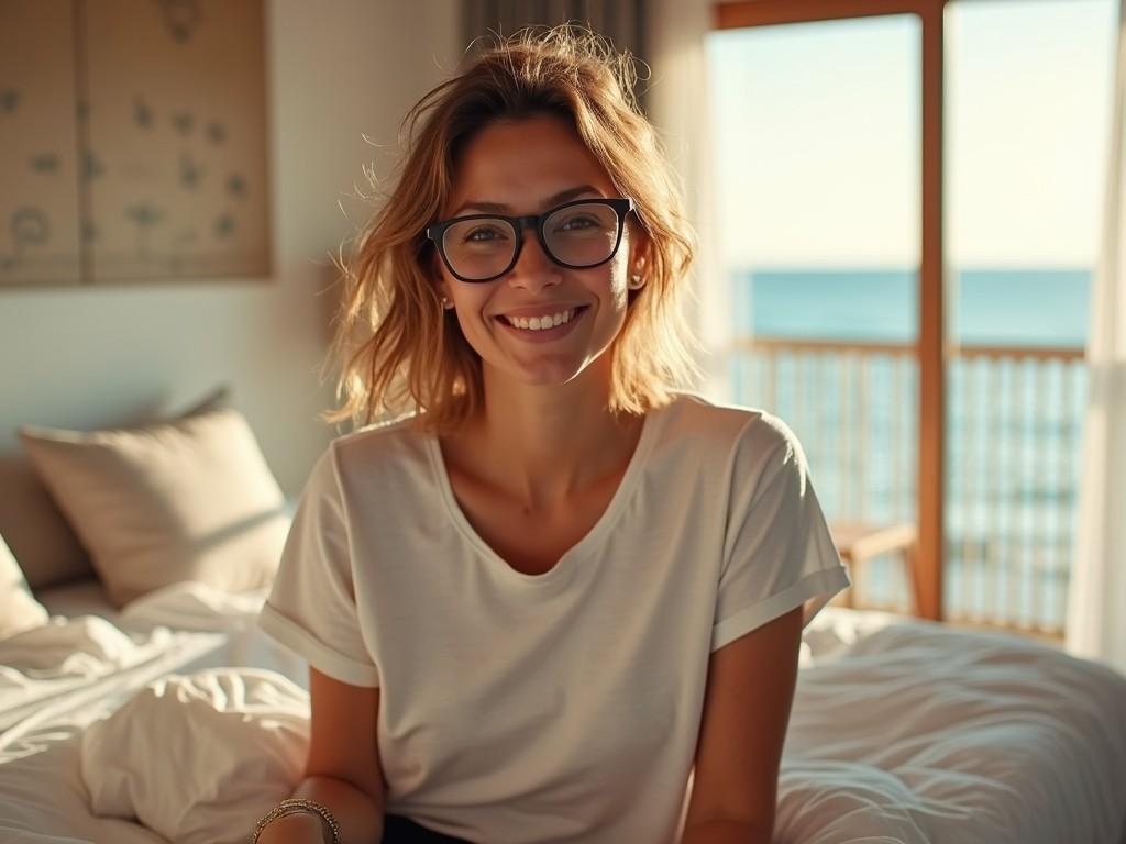 A woman is sitting on a bed in a hotel room. She wears only a simple white t-shirt and looks relaxed. The beach view outside the window is breathtaking. Her hair is tousled, and she has a natural, effortless beauty. Warm, golden light fills the room, highlighting her smile and creating a cozy atmosphere. She wears glasses, adding a touch of charming sophistication to her look. It's a serene moment, perfect for relaxation and enjoyment.