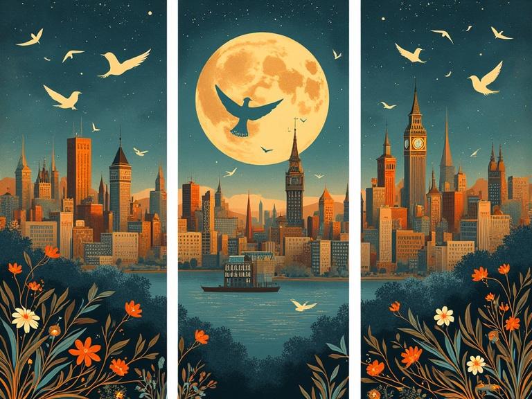 Triptych artwork featuring a fantasy city skyline with a large moon and flying birds. Inspired by styles of William Morris and Jean-Jacques Audubon. Vibrant colors and intricate details create an enchanting scene.