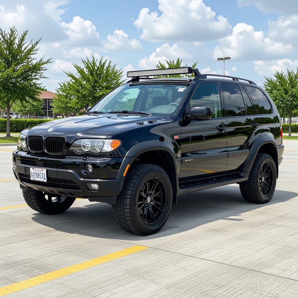Showcase a black 2003 BMW X5 E53 with modifications. Vehicle positioned in a parking lot with clear sky. Highlight features including aggressive tires and LED light bar.