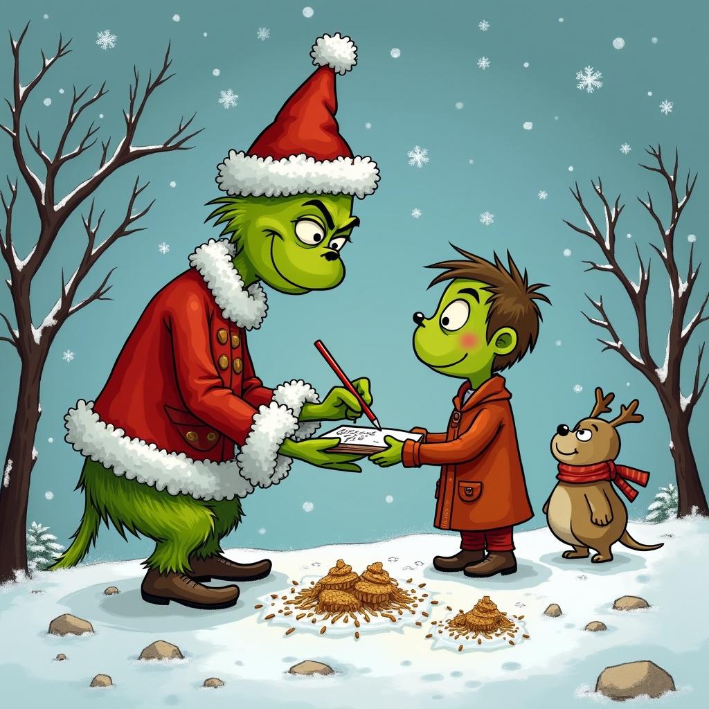 Grinch wearing a Santa hat and coat writing down The Cody family name while standing in the snow. A young boy in an orange coat is handing over a piece of paper. A dog with a scarf is watching nearby. Snowflakes are falling, and leafless trees are in the background.