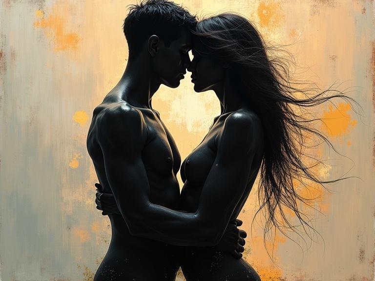 Two bodies in an intimate sensual moment. Abstract expressionism style. Close proximity showing connection between figures. Silhouettes against a textured background.