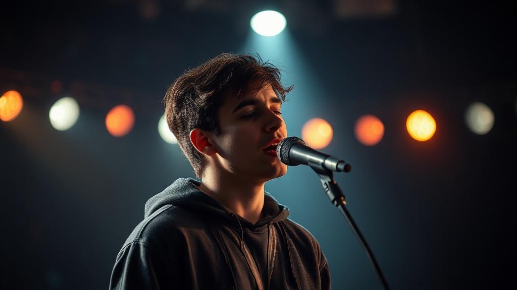 a young singer performing on stage under colorful lights, wearing a casual hoodie, with a microphone