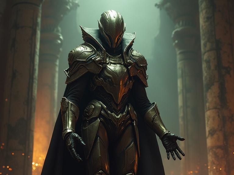 A armored figure standing in an ancient, dimly lit structure. The armor shines with gold and has a dark cape. The ambiance feels mystical and ancient. Use a chiaroscuro style. Emphasize dramatic aspects of the armor and setting.