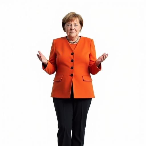 Full body view of a confident female leader standing with arms outward. Bright orange blazer and black trousers on a white background.
