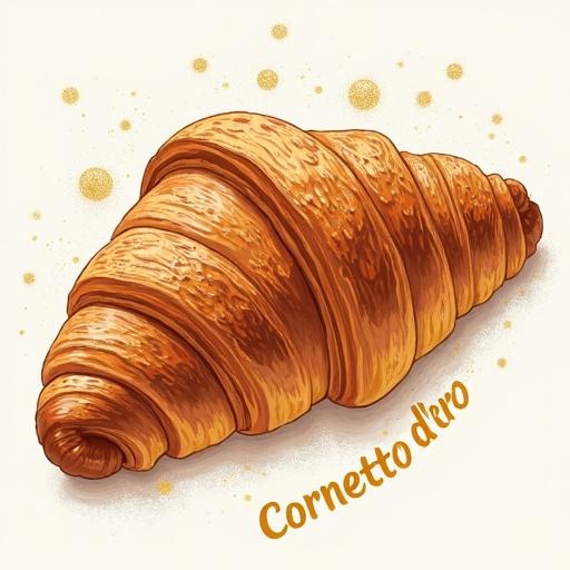 Create a label in 100x100 format with a croissant at the top and curved text above it saying Cornetto d'oro. Add a golden halo behind the croissant to signify it is golden. Generate the file in vector format.