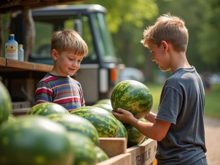 Boys are buying watermelons from a truck in a park. They are smiling and enjoying their time. A variety of watermelons are visible on display. Soft natural light enhances the scene.