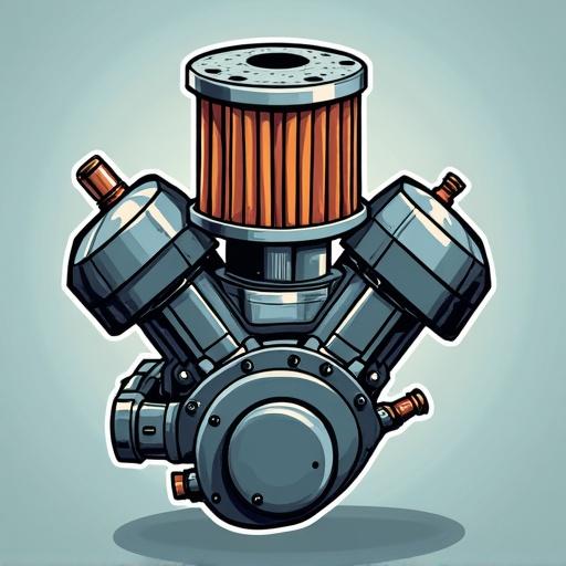 Image shows cartoon style oil filter of a combustion engine. Feature detailed engine parts and colorful elements.
