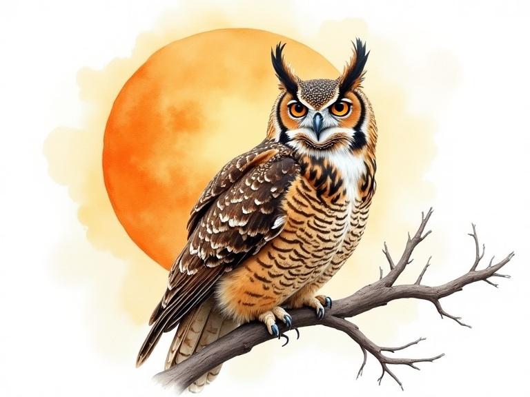 Depiction of a great horned owl on a branch. Owl highly detailed in full color. Watercolor style applied with expressive techniques. Background features a large orange moon surrounded by splashy white space.