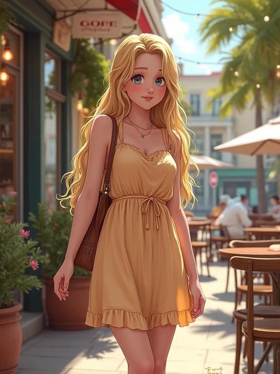 Image of a young girl wearing a light brown sundress walking through a lively cafe area. Hair is long and blonde. The scene is vibrant with greenery and outdoor seating. She carries a small bag and exudes a cheerful demeanor.