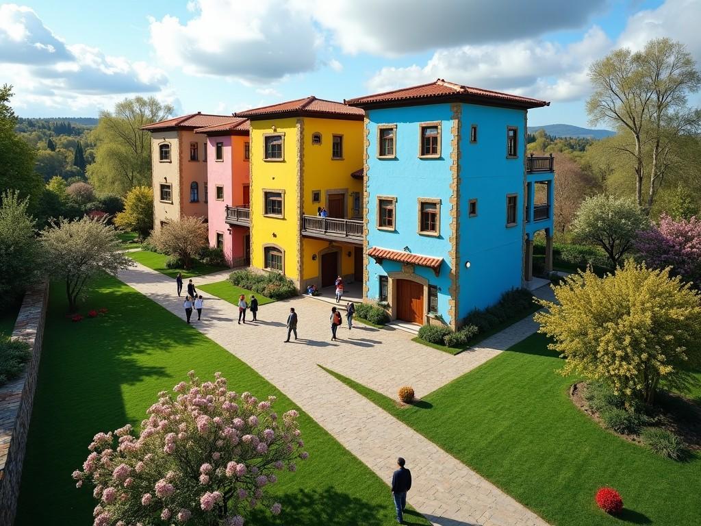 A higher perspective of a vibrant, multi-colored building surrounded by green grass and blooming flowers. The building features a mix of yellow and blue walls with decorative accents. Several people can be seen engaging outside, creating a lively atmosphere. The sky above is partly cloudy, adding depth to the scene. The surrounding area is well-kept with trees and pathways, providing a picturesque view.