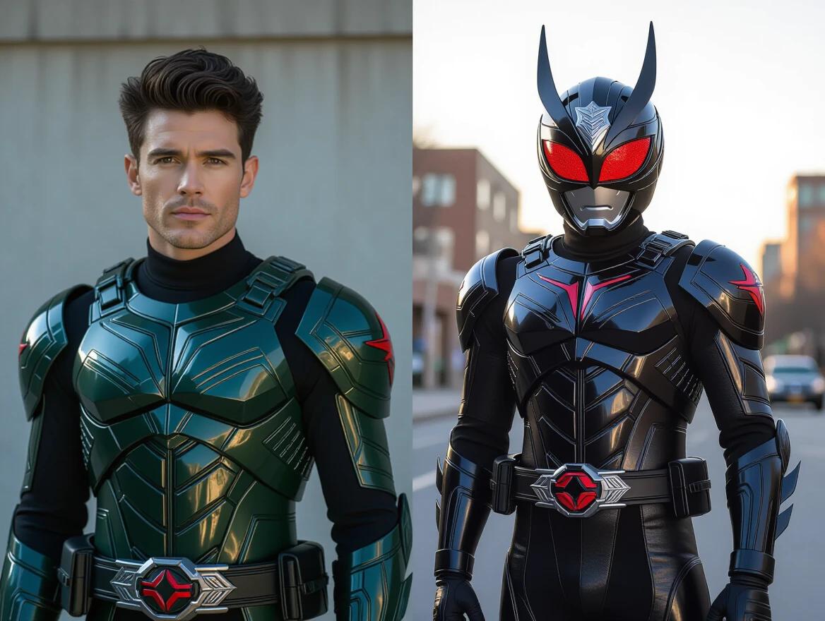 A handsome man resembles Jonathan Bailey. A transformation into an armored superhero. The design relates to Kamen Rider. The image displays a before and after scenario. It has live action photography elements.