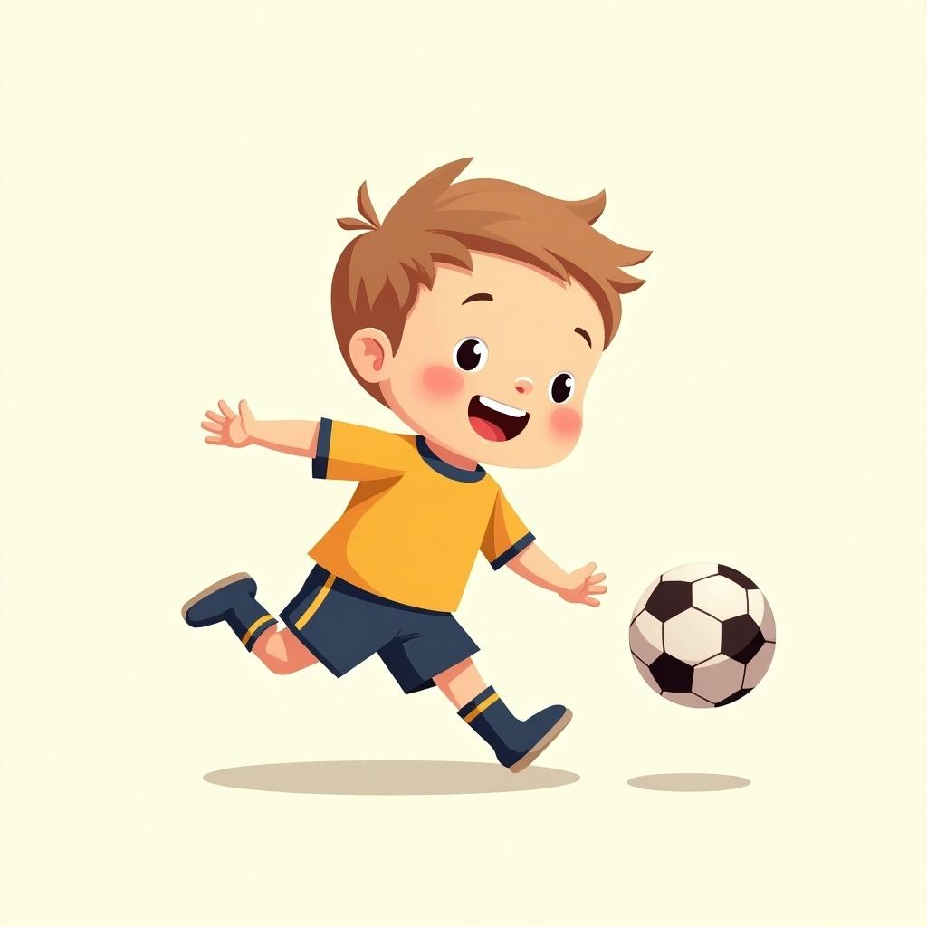 Child kicking a football in a playful manner. A cute character depicted in a children's book style. The character looks happy against a neutral background.