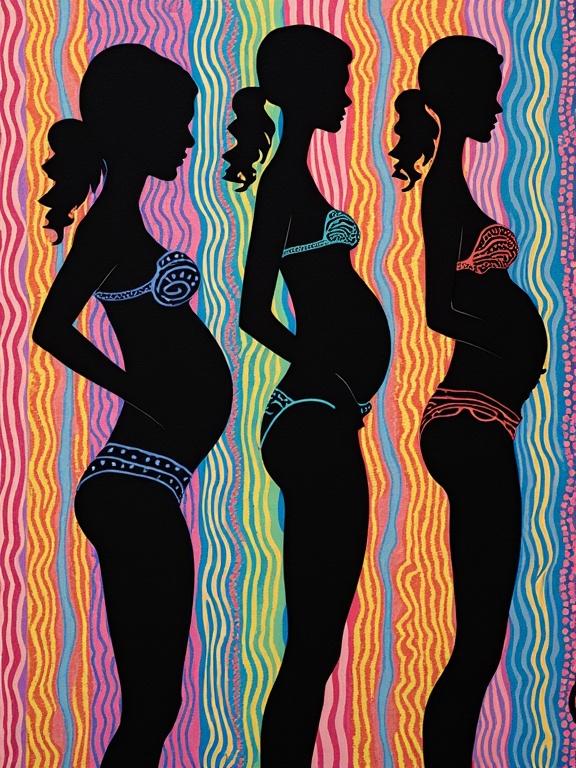 Silhouettes of pregnant women in different sizes wearing bikinis. Bright color patterns in the background. Optical illusion and fine grain abstraction style. Inspired by Bridget Riley and Victor Vasarely.